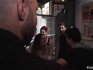 Spanish babe takes restrain bondage in public bar